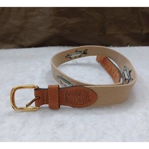 Zeppelin Belt Brn/Tan Canvas Embroidered Fishing Gold Brass USA Men US 32 USED